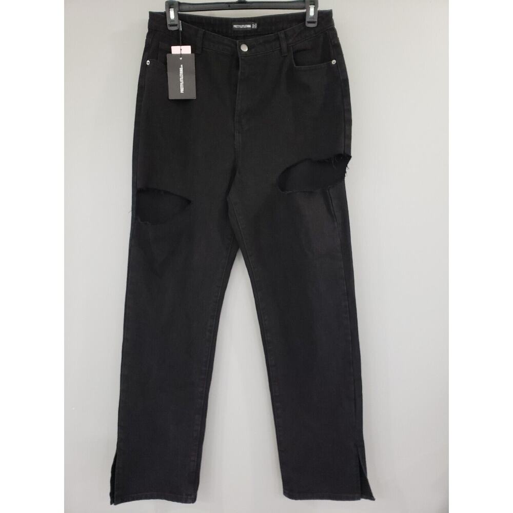 NEW PrettyLittleThing Thigh Rip Distressed Split Hem Jeans Black US 12 / UK 16